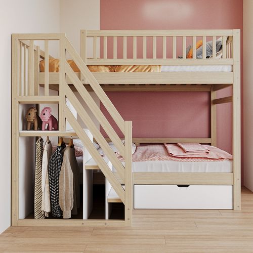 Lit Superposé Enfant 90x200 Cm En Bois Naturel, Tiroir Et Escalier De Rangement, Sommiers En Bois