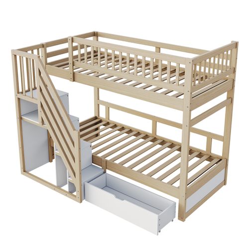 Lit Superposé Enfant 90x200 Cm En Bois Naturel, Tiroir Et Escalier De Rangement, Sommiers En Bois