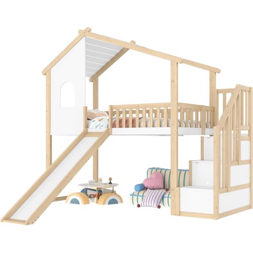 Lit Mezzanine Cabane 90x200 Cm Pour Enfant En Bois Avec Toboggan, Escalier De Rangement, Blanc