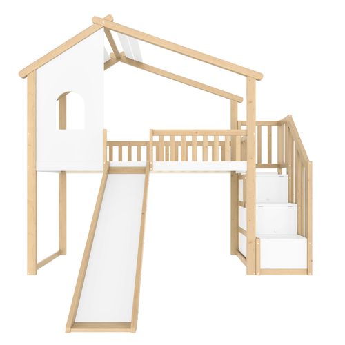Lit Mezzanine Cabane 90x200 Cm Pour Enfant En Bois Avec Toboggan, Escalier De Rangement, Blanc