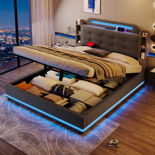 Lit Coffre Adulte 140x200 cm En Lin Avec LED, Rangements Intégrés Et Ports De Charge, Gris