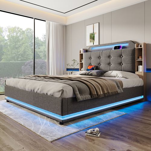 Lit Coffre Adulte 140x200 cm En Lin Avec LED, Rangements Intégrés Et Ports De Charge, Gris