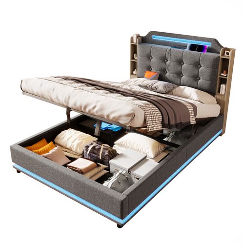 Lit Coffre Adulte 140x200 cm En Lin Avec LED, Rangements Intégrés Et Ports De Charge, Gris