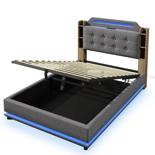 Lit Coffre Adulte 140x200 cm En Lin Avec LED, Rangements Intégrés Et Ports De Charge, Gris