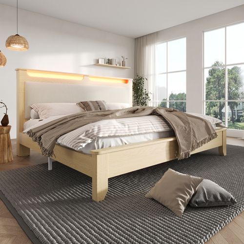 Lit Adulte 140x200 Cm Avec Tête De Lit LED Et Espace Sous Le Lit – Tissu Côtelé, Chêne Et Beige