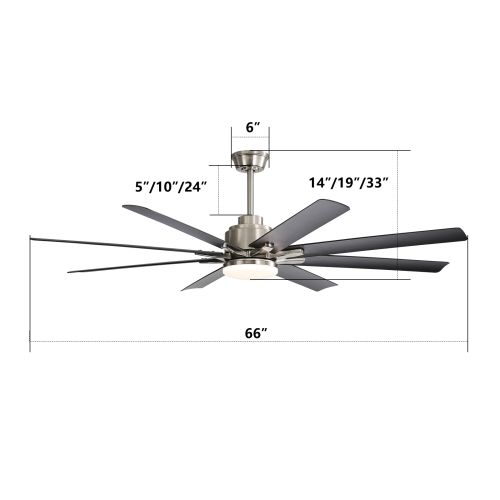 Ventilateur De Plafond 66" Avec LED, 8 Pales En Abs, Télécommande, Moteur Dc 6 Vitesses, Gris Foncé