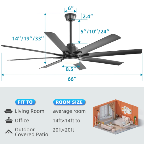 Ventilateur De Plafond 66" Avec LED, 8 Pales En Abs, Télécommande, Moteur Dc 6 Vitesses, Gris-noir