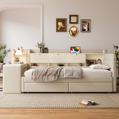 Lit Enfant 90x200 Cm Avec Bureau Et Rangements, Tiroirs, Ports USB Et Type-c – Lin Beige