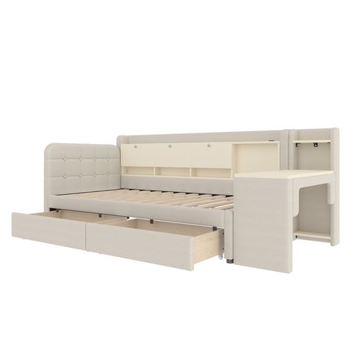 Lit Enfant 90x200 Cm Avec Bureau Et Rangements, Tiroirs, Ports USB Et Type-c – Lin Beige