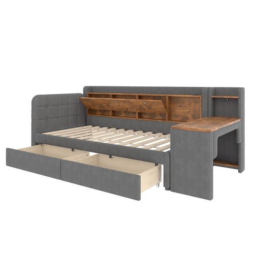 Lit Enfant 90x200 Cm En Lin Gris Avec Bureau, Tiroirs Et Ports USB – Rangement Et Multifonction