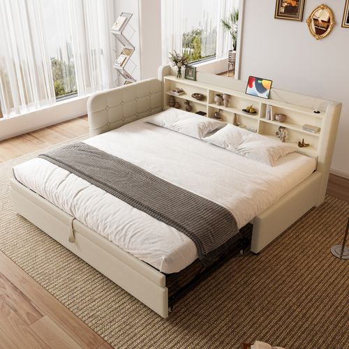 Lit Enfant 90x200 Cm Avec Lit Gigogne, Rangement, Ports USB Et Type-c, Lin Beige