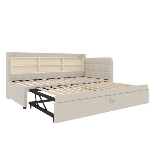 Lit Enfant 90x200 Cm Avec Lit Gigogne, Rangement, Ports USB Et Type-c, Lin Beige