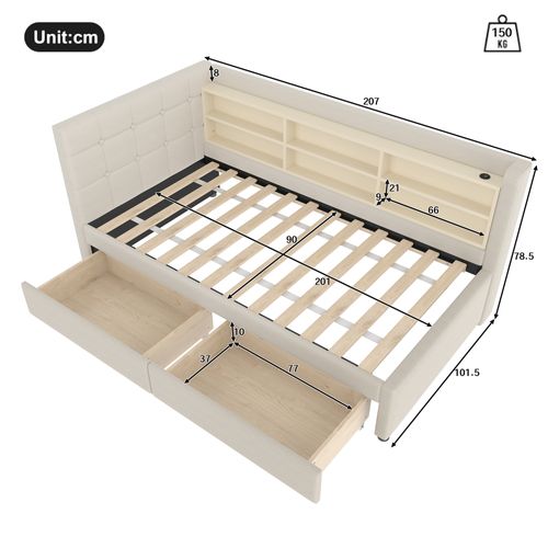 Lit Simple 90x200 Cm En Lin Avec 2 Tiroirs De Rangement, Ports USB Et Sommier, Beige