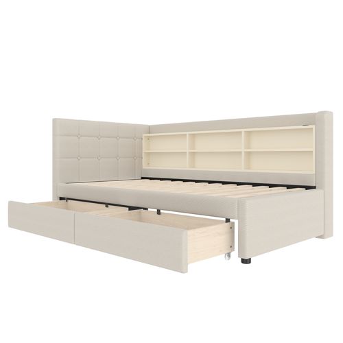 Lit Simple 90x200 Cm En Lin Avec 2 Tiroirs De Rangement, Ports USB Et Sommier, Beige