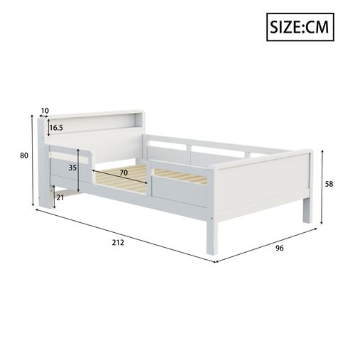 Lit Enfant 90x200 Cm Avec Rangement, LED Et Port USB, Barrières Sécurisées, Bois De Pin Blanc