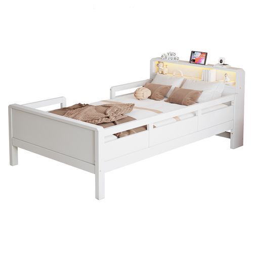 Lit Enfant 90x200 Cm Avec Rangement, LED Et Port USB, Barrières Sécurisées, Bois De Pin Blanc
