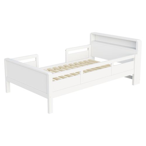 Lit Enfant 90x200 Cm Avec Rangement, LED Et Port USB, Barrières Sécurisées, Bois De Pin Blanc