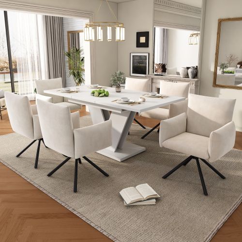 Table à Manger Rectangulaire Extensible Avec Plateau Épais, Base De Support En V, Blanche