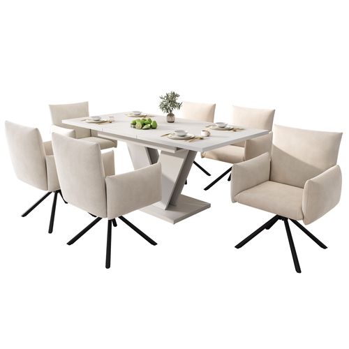 Ensemble Table Et Chaises, Table à Manger Rectangulaire Extensible Avec 6 Chaises En Velours Beige