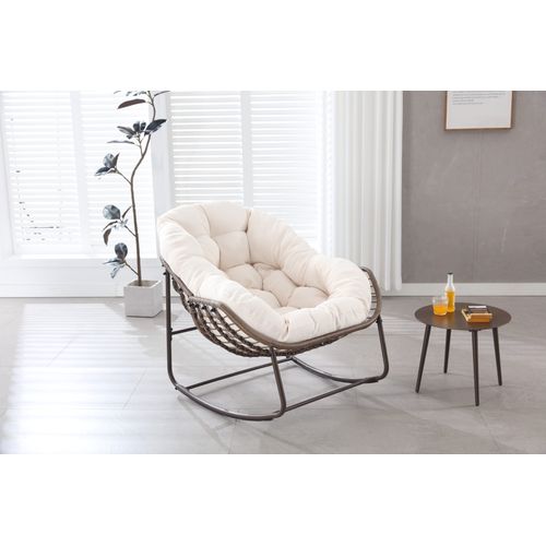 Chaise à Bascule Oeuf En Rotin Pour Jardin Avec Coussin Confortable, Blanc