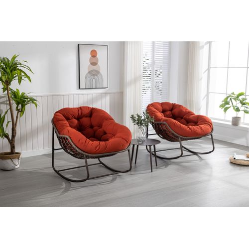 Rocking Chair En Rotin Synthétique Avec Coussin Rembourré Et Cadre Acier, Orange Moderne
