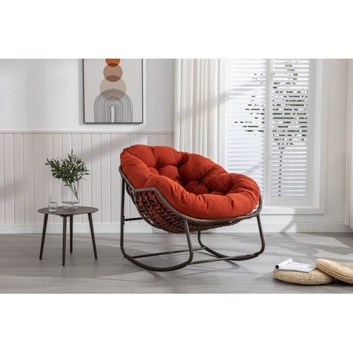 Rocking Chair En Rotin Synthétique Avec Coussin Rembourré Et Cadre Acier, Orange Moderne