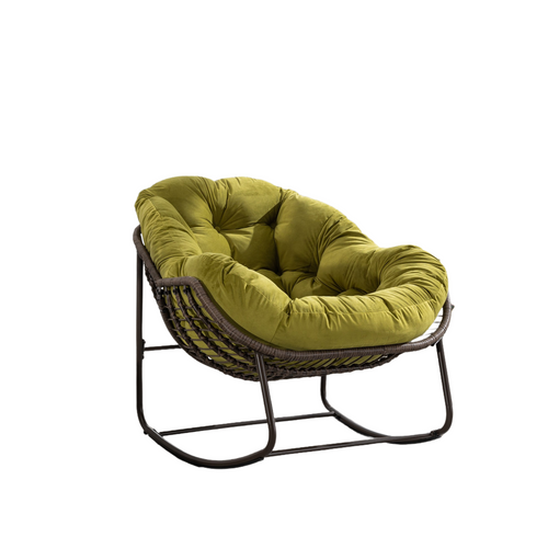 Rocking Chair En Rotin Synthétique Avec Coussin Rembourré Et Cadre Acier, Olive Green Moderne