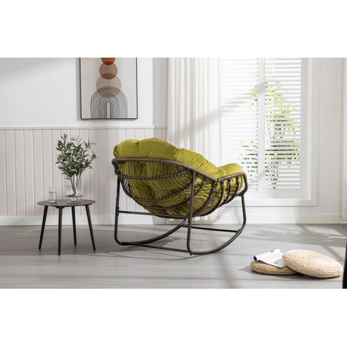 Rocking Chair En Rotin Synthétique Avec Coussin Rembourré Et Cadre Acier, Olive Green Moderne