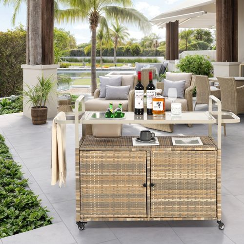 Bar De Jardin Mobile En Rotin Pe Avec Plateau Acier, Rangement Et Seau à Glace, Beige Moderne