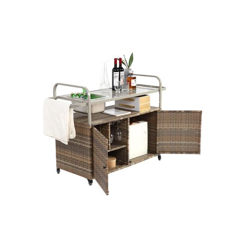 Bar De Jardin Mobile En Rotin Pe Avec Plateau Acier, Rangement Et Seau à Glace, Beige Moderne