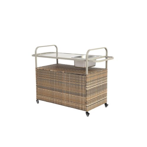 Bar De Jardin Mobile En Rotin Pe Avec Plateau Acier, Rangement Et Seau à Glace, Beige Moderne
