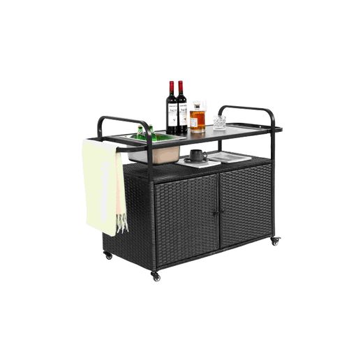 Bar De Jardin Mobile En Rotin Pe Avec Plateau Acier, Rangement Et Roulettes, Noir Moderne