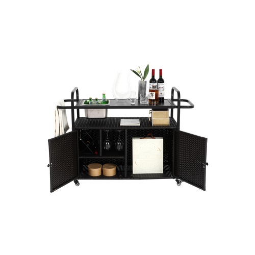 Bar De Jardin Mobile En Rotin Pe Avec Plateau Acier, Rangement Et Roulettes, Noir Moderne