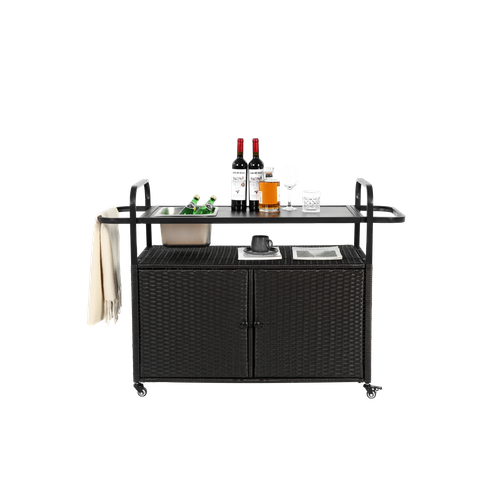 Bar De Jardin Mobile En Rotin Pe Avec Plateau Acier, Rangement Et Roulettes, Noir Moderne