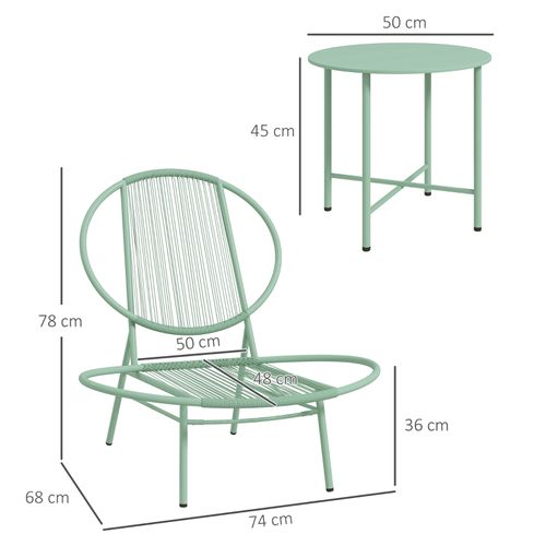 Salon De Jardin Outsunny 3 Pièces, 2 Chaises + Table D.50×45 Cm, Acier Vert, Design Coquille