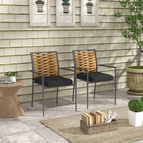Fauteuil De Jardin 2 Pièces Empilables En Pe-rattan Noir Avec Coussins, Structure Acier