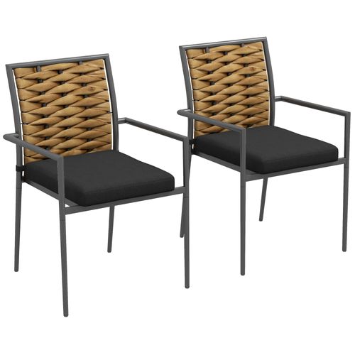 Fauteuil De Jardin 2 Pièces Empilables En Pe-rattan Noir Avec Coussins, Structure Acier