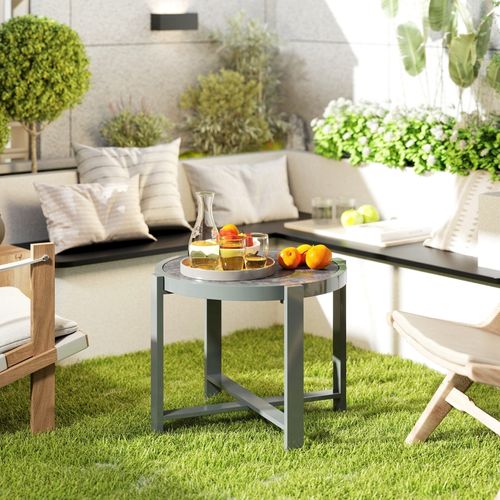 Table De Jardin Ronde Aluminium Gris Avec Plateau Effet Marbre, Résistante Intempéries