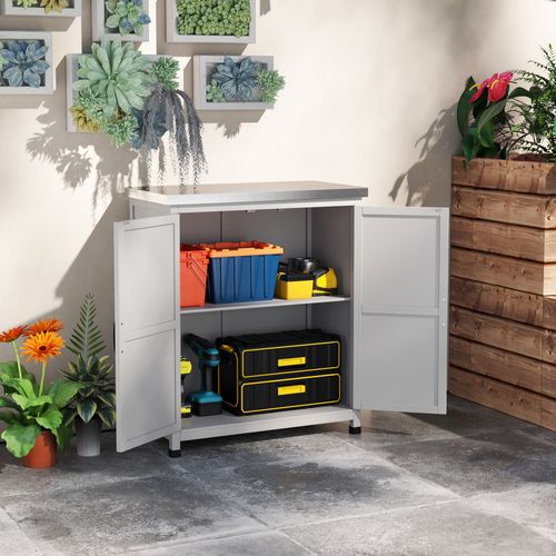 Armoire De Jardin Jardin Bois Massif Gris Avec Plateau Étanche, Double Porte, Étagère
