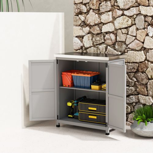 Armoire De Jardin Jardin Bois Massif Gris Avec Plateau Étanche, Double Porte, Étagère