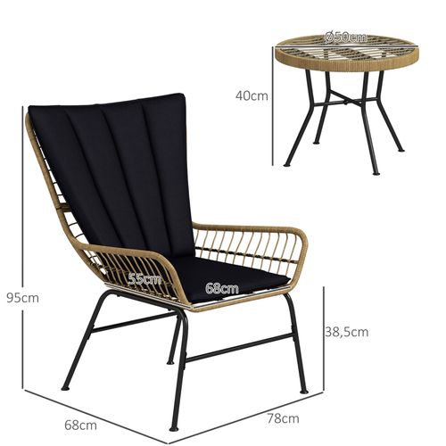 Salon De Jardin Outsunny 3 Pièces, 2 Fauteuils + Table D.50×40 Cm, Pe-rattan/acier, Coussins Inclus