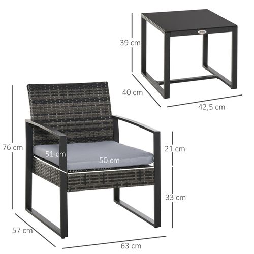 Salon De Jardin Bistrot 2 Personnes Avec Table Et Chaises En Polyrattan Noir, Coussins Gris