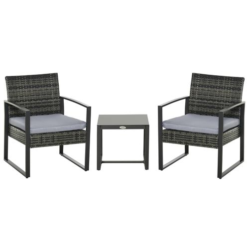Salon De Jardin Bistrot 2 Personnes Avec Table Et Chaises En Polyrattan Noir, Coussins Gris