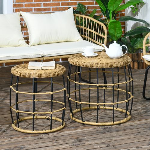 Table De Jardin Ronde 2 Pièces Empilables En Acier Et Rotin Pe Tressé, Couleur Kaki