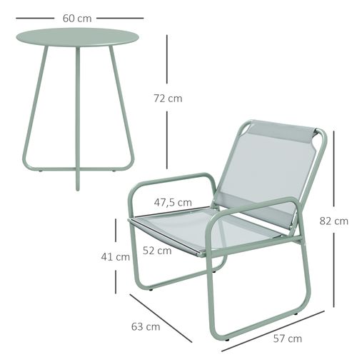 Salon De Jardin Bistro 3 Pièces Métal Et Tissu Mesh Vert Avec 2 Chaises Et Table Moderne