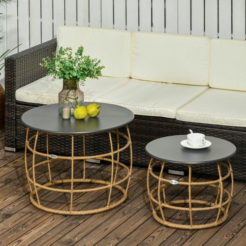 Table De Jardin 2 Pièces Empilables Ø60/ø46 Cm En Acier Et Rotin Pe Sable, Style Bohème