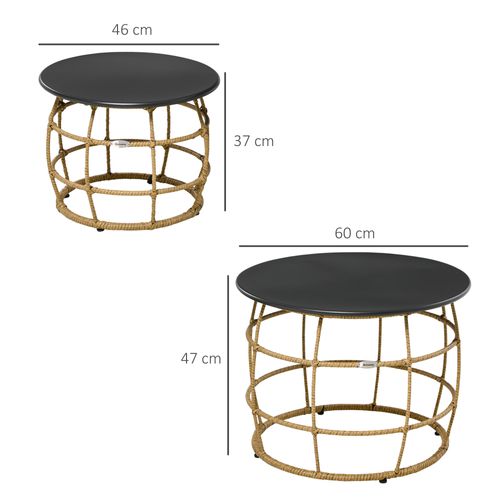 Table De Jardin 2 Pièces Empilables Ø60/ø46 Cm En Acier Et Rotin Pe Sable, Style Bohème