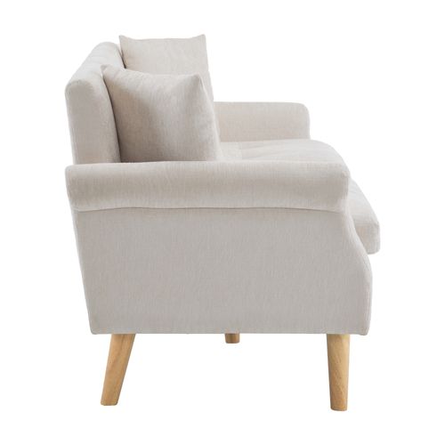 Canapé 2 Places En Tissu Chenille Beige Doux Avec Pieds En Bois Pour Petit Salon