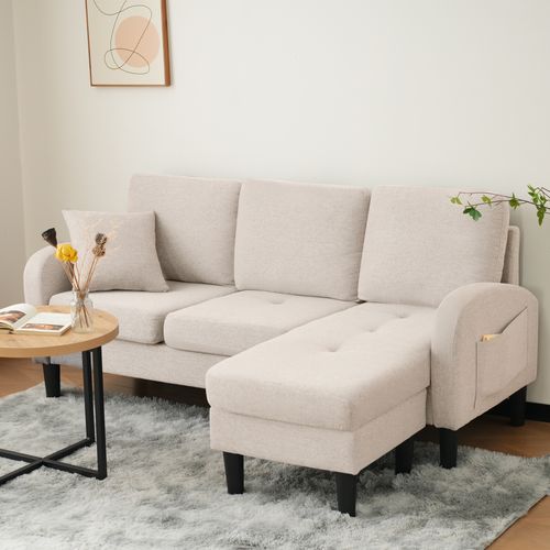 Canapé D’angle Modulable 3 Places En Coton-lin Beige Avec Méridienne Réversible