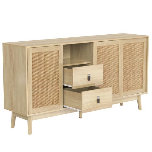 Buffet 155x38x80cm, 3 Portes Coulissantes En Rotin Véritable Et 2 Tiroirs, Couleur Bois